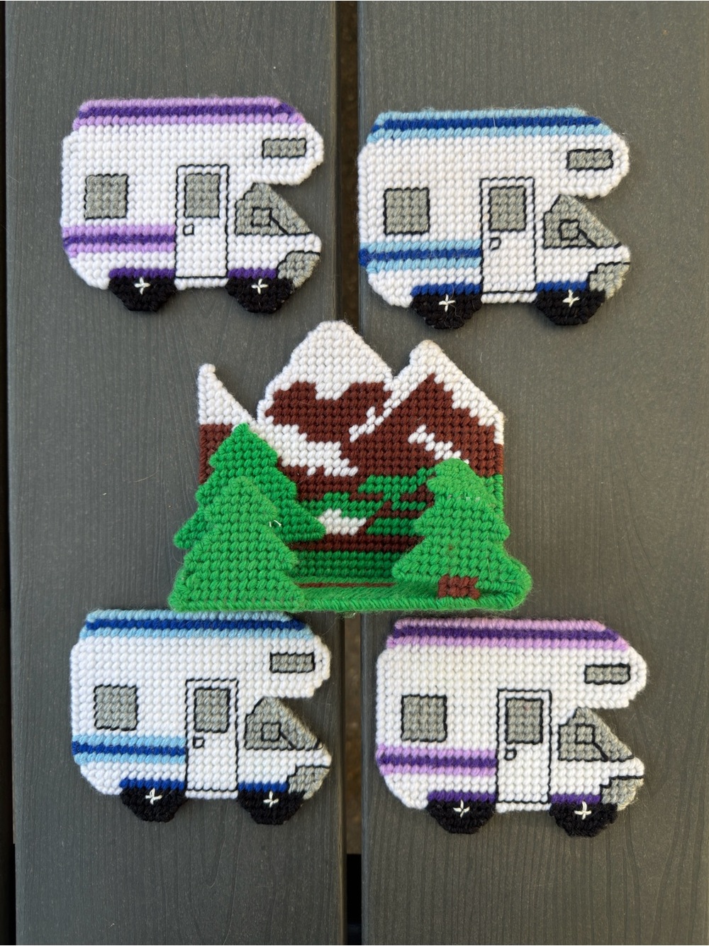 Cross-Stitch Camper & Mountain Coaster Set - Green, Blue, Purple